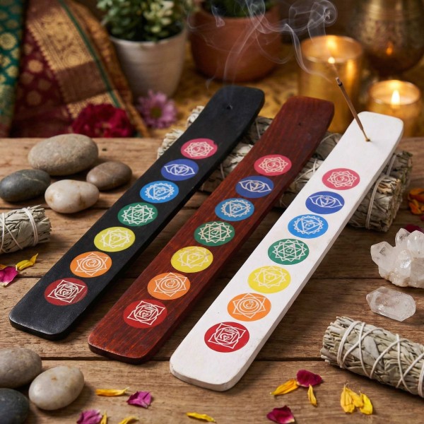 Porte-Encens Chakra Bois Manguier 26cm | 7 Chakras Colorés | Spiritualité