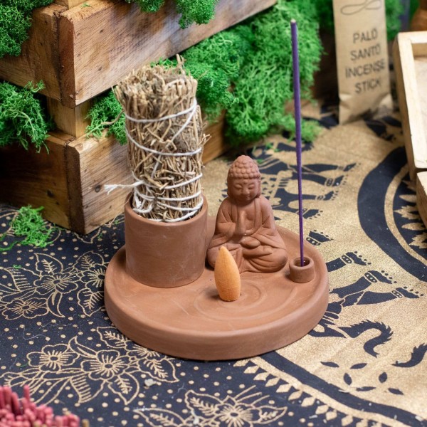 Plateau d'Encens Bouddha Céramique Terre Cuite | Porte-Encens Méditation